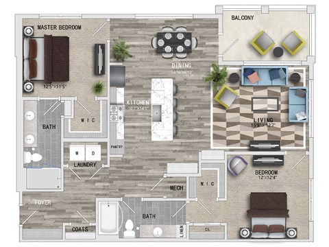 1337 Square ft 2 bed 2 bath 3D floor plan  at St Mary's Square North Apartments, Raleigh